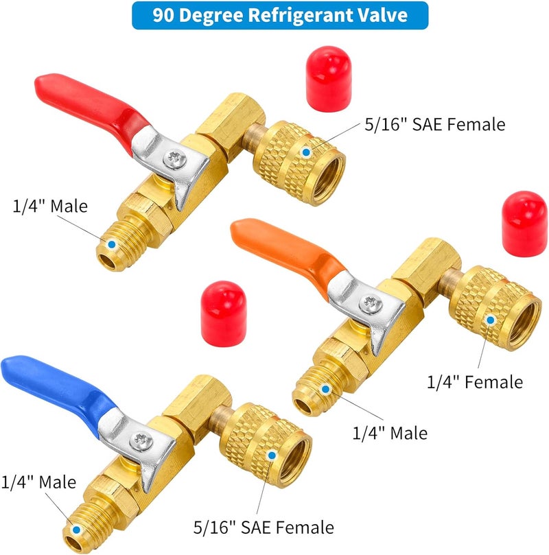 Tigbear R410A Shut-Off Ball Valve, 90 Brass Air Conditioning Refrigerant Ball Valve, 1/4" Inlet x 5/16" SAE Female Outlet, Red, Blue, Yellowe (90 Degree) - Image 2